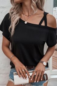 Black Asymmetric Criss Cross Cold Shoulder T Shirt (size: (US 16-18)XL)