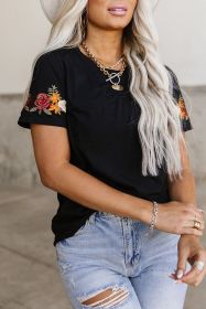 Black Casual Floral Embroidered Round Neck T Shirt (size: (US 16-18)XL)