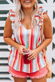 Multicolor Striped V Neck Ruffle Straps Sleeveless Shirt (size: (US 16-18)XL)