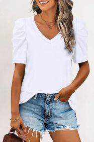 White Puff Sleeve Casual V Neck T-Shirt (size: (US 16-18)XL)