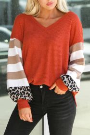 Striped and Leopard Print Color Block V Neck Long Sleeve Top (size: (US 4-6)S)