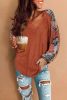Bohemian Printed Patchwork Sleeve Casual Waffle Texture Top