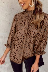 Brown Leopard Print Frill Neck 3/4 Sleeves Blouse (size: (US 8-10)M)