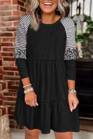 Black Striped Leopard Patchwork Pleated Long Sleeve Dress (size: (US 16-18)XL)