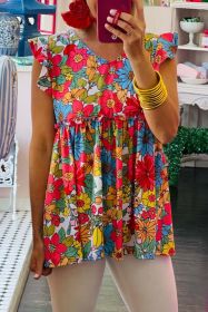 Red V Neck Ruffled Floral Babydoll Top (size: (US 16-18)XL)