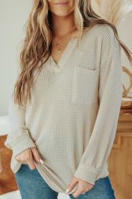 Beige Split V Neck Patch Pocket Waffle Knit Long Sleeve Top (size: (US 4-6)S)