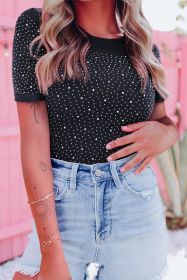Black Rhinestone Allover Round Neck Short Sleeve Bodysuit (size: (US 4-6)S)