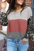 Leopard Print Color Block V Neck Waffle Knit Long Sleeve Top