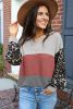 Leopard Print Color Block V Neck Waffle Knit Long Sleeve Top