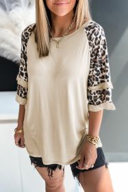 Beige Cheetah Print Tiered Half Sleeve Jewel Neckline T Shirt (size: (US 16-18)XL)