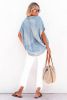 Sky Blue Split V Neck Loose Denim Blouse
