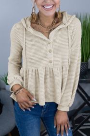 Apricot Waffle Casual Button Ruffle Knit Hoodie (size: (US 4-6)S)