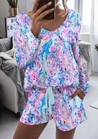 Sky Blue Floral Top & Drawstring Shorts Two Piece Short Set (size: (US 4-6)S)