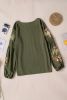 Olive Green Flower Embroidered Long Sleeve Blouse