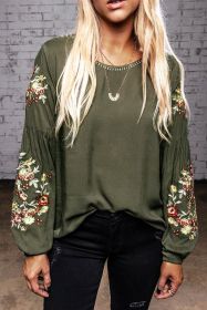 Olive Green Flower Embroidered Long Sleeve Blouse (size: (US 4-6)S)