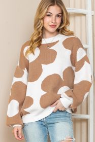 Khaki 60s Floral Pattern Ribbed Trim Pullover Sweater (size: (US 8-10)M)