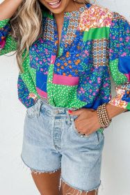 Multicolor Floral Patchwork Buttoned Puff Sleeve Shirt (size: (US 16-18)XL)