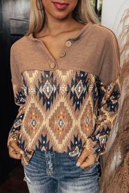 Brown Geometric Pattern Button Front Drop Shoulder Long Sleeve Top (size: (US 4-6)S)