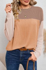 Khaki Color Block Ribbed Loose Long Sleeve Top (size: (US 8-10)M)