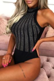 Black Sexy Rhinestone Sleeveless High Neck Bodysuit (size: (US 8-10)M)