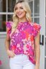 Rose Floral Flutter Sleeveless Frilled Neck Blouse