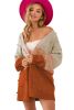 Brown Color Block Pompom Open Front Knitted Cardigan Sweater