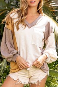 White Color Block Exposed Seam V Neck Long Sleeve Top (size: (US 16-18)XL)
