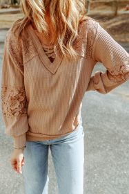Apricot Lace and Waffle Knit Crisscross Straps V Neck Long Sleeve Top (size: (US 4-6)S)