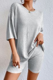Gray Ribbed Knit Drop Shoulder T Shirt & Shorts Two Piece Shorts Sets (size: (US 16-18)XL)