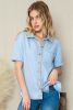 Sky Blue Acid Wash Waffle Knit Short Sleeve Buttoned Blouse