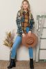 Brown & Blue Plaid Print Pockets Buttons Up Shacket