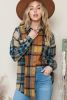 Brown & Blue Plaid Print Pockets Buttons Up Shacket