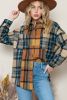 Brown & Blue Plaid Print Pockets Buttons Up Shacket