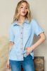 Sky Blue Acid Wash Waffle Knit Short Sleeve Buttoned Blouse