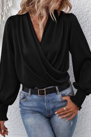 Black Plain Drape V Neck Long Sleeve Blouse for Women (size: (US 16-18)XL)