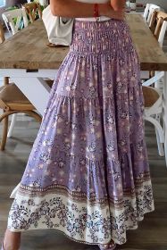 Purple Floral Print Shirred High Waist Maxi Skirt (size: (US 16-18)XL)