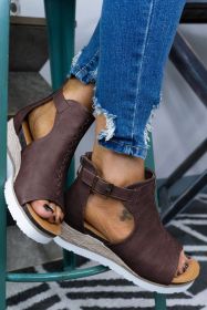 Khaki PU Cutout Buckle Strap Platform Sandals (size: (US 8.5)40)