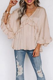 Apricot V Neck Draped Batwing Sleeve Ruffle Top (size: (US 8-10)M)