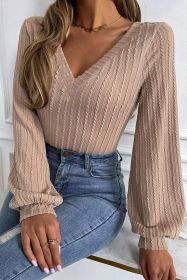 Khaki Knitted Jacquard V Neck Lantern Sleeve Top (size: (US 16-18)XL)