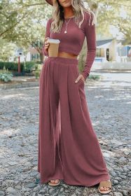 Pink Plain Ribbed Crop Top & Wide Leg Pants Two Piece Pants Set (size: (US 16-18)XL)
