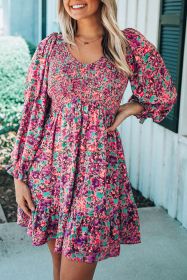 Purple Floral Print Long Sleeve Flounce Hem V Neck Smocked Dress (size: (US 16-18)XL)