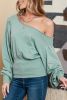 Green Solid Color Boat Neck Puff Sleeve Top