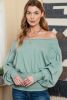 Green Solid Color Boat Neck Puff Sleeve Top