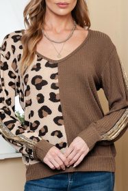 Brown Leopard Print Color Block Waffle Knit V Neck Long Sleeve Top (size: (US 16-18)XL)