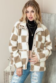 Brown Checked Snap Button Zip Pockets Sherpa Jacket (size: (US 4-6)S)
