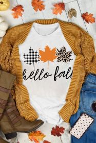 White Hello Fall Maple Leaves Casual Short Sleeve Graphic Tee (size: (US 4-6)S)