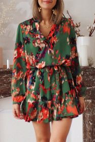 Green Ruffle Lace Up Boho Colorblock Short Dress (size: (US 4-6)S)