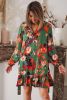 Green Ruffle Lace Up Boho Colorblock Short Dress