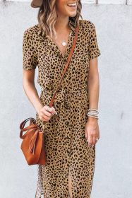 Khaki Leopard Print Waist Belted Button Up Shirt Dress (size: (US 16-18)XL)