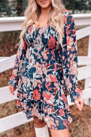 Dark Blue Floral Smocked Tiered Ruffle Puff Sleeve Short Dress (size: (US 16-18)XL)